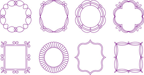 Seven decorative purple frames with floral and swirl on white background swirls