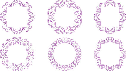 Five Purple Geometric Patterns with Swirls and Curves on White Background