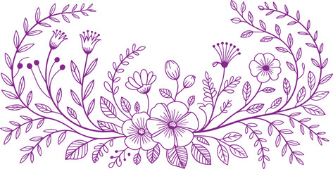 Purple Floral Pattern with Various Flowers and Leaves on White Background