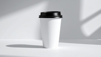 
A white and black coffee cup with a black lid that says coffee