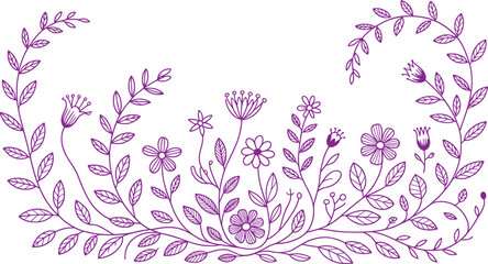 Purple floral border with various flowers and leaves on white background