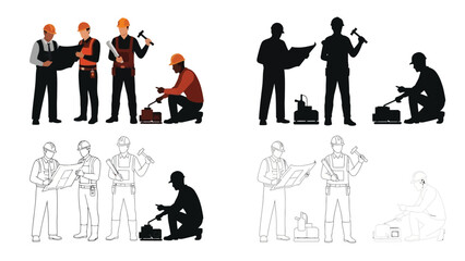 Fototapeta premium Construction workers in various poses shown in color silhouette and outline styles