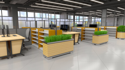 Modern office interior with workstations, partitions, wooden planters with green plants, city view through the windows. 3d illustration