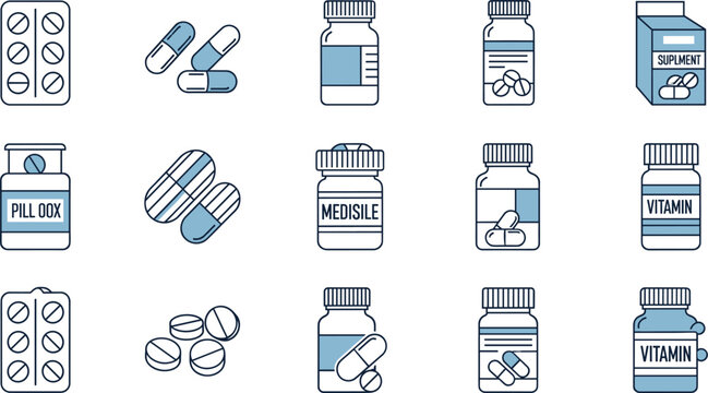 Medicine and vitamin supplement icons set with pill bottles, capsules, tablets, and pharmaceutical packaging illustrations