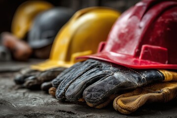 Close-up of safety gloves and hard hats in a workshop showing the importance of protective gear