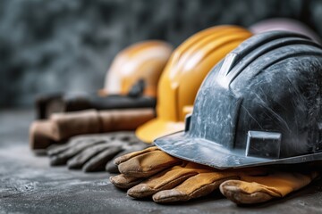 Close-up of construction helmets and gloves arranged on a table with a gritty background