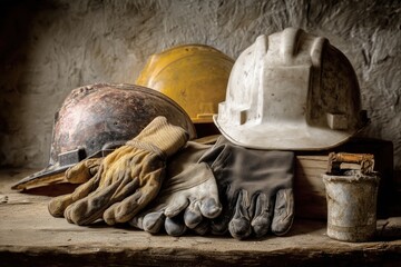 Various worn safety helmets and work gloves on rustic wooden table in construction setting