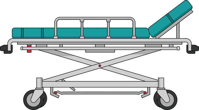 Hospital stretcher bed illustration showing adjustable medical gurney with wheels used for patient transport