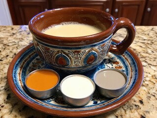 A warm beverage served with additional ingredients to adjust to your taste.