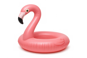Pink flamingo inflatable pool float for summer fun, relaxation, and vacation leisure on transparent background