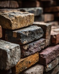 Close-up view of assorted weathered bricks stacked in a rustic manner