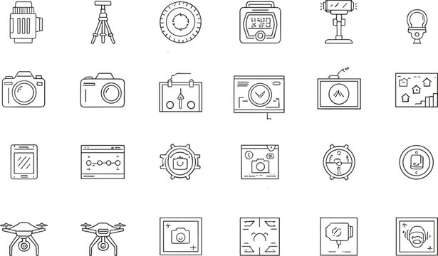 Photography and video production outline icons set with camera tripod lighting drone and editing tools, minimal media vector illustration