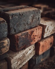 Close-up of weathered bricks showcasing texture and color variation in construction material