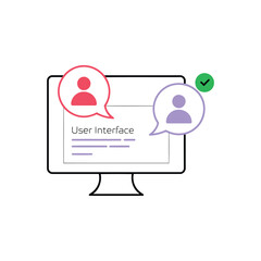 Clean vector of seamless user interface experience, demonstrating digital dialogue and interaction through speech bubbles on a desktop monitor graphic