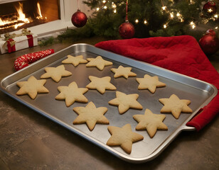 christmas cookies on the table, Seasonal baking setup showing a metal cookie sheet with tree shaped cookies, star cookies, a candy cane and a red quilted oven mitt, evoking Christmas treats