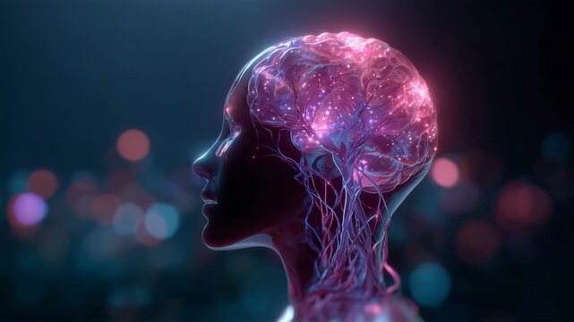 Glowing human brain inside transparent head with neural connections and energy lights representing thinking mind consciousness neuroscience and cognitive activity concept