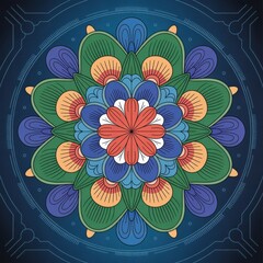 Colorful symmetrical floral pattern with blue background and intricate details green