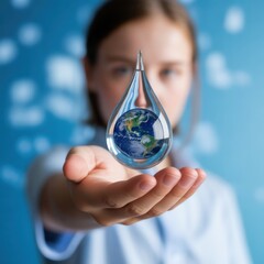 A child holding a water droplet with a miniature Earth inside against a blue background with