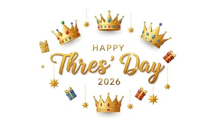 Fototapeta premium Happy three day 2024 celebration with golden crowns and stars
