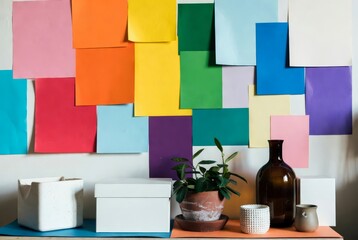 Naklejka premium A modern artist's or designer's workspace: a wall adorned with multicolored sheets of paper collaged into a vibrant geometric backdrop. Stylish decor adorns the foreground: a houseplant in a terracott