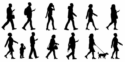 Silhouettes of people walking in various poses and everyday activities