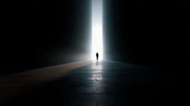 Person walking into strong light from darkness minimal scene representing hope transformation decision and unknown future