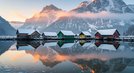 A still, mirror-like alpine lake reflecting a row of colorful wooden boat houses covered in snow. Massive jagged mountains rise behind the lake, their peaks hidden in soft mist. Symmetry, pastel sunri