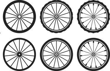 Bicycle Wheel Icon Set. Cycling Components and Bike Repair Vector Symbols. Spoke, Rim, and Tire Maintenance Icons collection