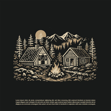 Vintage Cabin Campfire Wanderlust Outdoor Logo Illustration