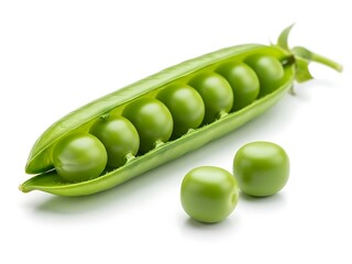 Vibrant organic garden peas in an open pod with two loose peas, shown against a minimalist white studio backdrop.