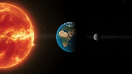 Bright red sun with Earth and moon aligned in space alignment