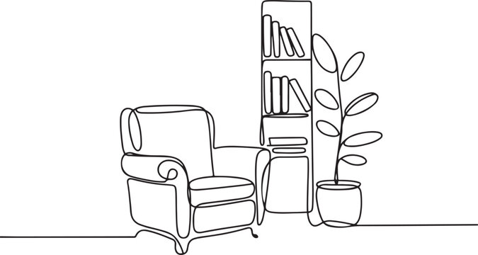 Home office with furniture in continuous one line drawing. Indoor household for living room with armchair and plant with shelf in simple .one line  vector illustration  with out background