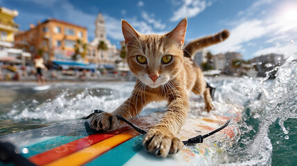 Adventurous cat surfing on colorful surfboard in vibrant coastal town with splashing waves