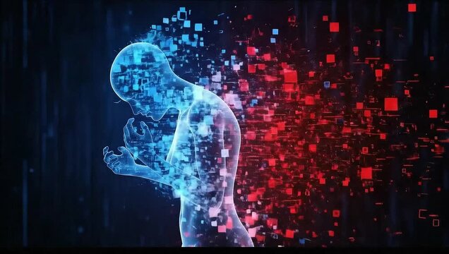 Digital Human Dissolving Into Abstract Data Particles And Binary Code