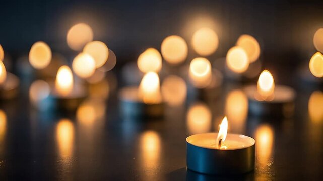A single burning tealight candle with a flickering flame in the dark. Many blurred lights create a warm bokeh background. Memorial, remembrance, and spiritual vigil concept