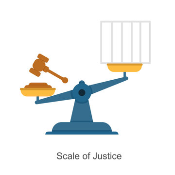 Scales with a judge's gavel on one side. Justice and Law