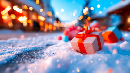 Christmas gifts under snowfall with bokeh lights and festive holiday atmosphere