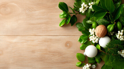 Christmas holly and ornaments arranged on a rustic wooden background space