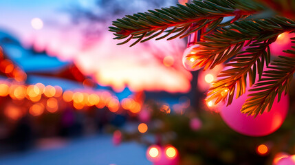 Christmas tree branch with fairy lights and bokeh background detailed image