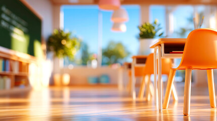 Classroom interior with empty desks and chalkboard school education scene back