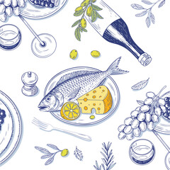 A graceful vector of a Mediterranean meal, featuring fresh fish, wine, olives, and grapes, in a hand-drawn seamless pattern for culinary and restaurant design