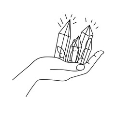 Minimalist black and white line art of a hand holding glowing crystals. Symbolic illustration of healing energy, spirituality, magic, and inner balance in a modern mystical style.