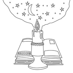 Black and white line art illustration of a magic candle standing on an open book, with moon and stars rising like smoke. Fantasy concept symbolizing knowledge, mystery, and imagination.