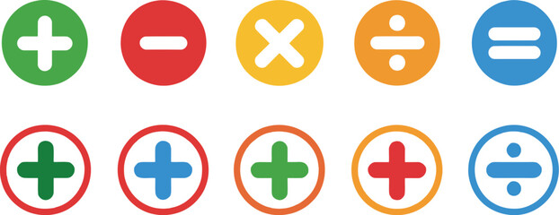 A vector of colorful math operation icons with plus, minus, multiply, divide, and equals signs for educational and digital use