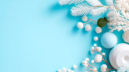 Elegant winter scene with frosted pine branches and blue holiday ornaments
