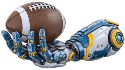 futuristic robot hand holding football with transparent background