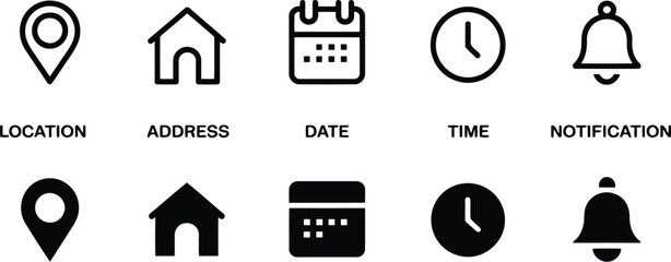 A comprehensive vector of essential interface elements including location, home, calendar, clock, and notification symbols for modern digital designs