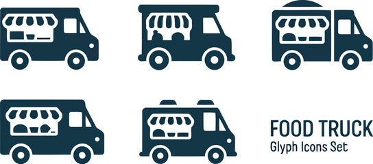 A vector of various mobile food truck icons, illustrating diverse street food vending vehicle designs with service windows, ideal for graphic design