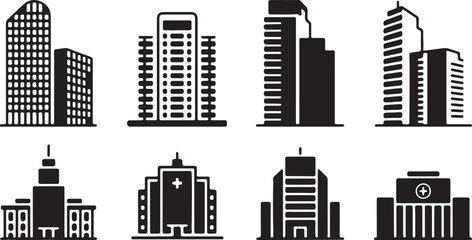 Modern city skyline icon set showing urban buildings and skyscraper silhouettes in black style