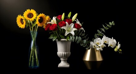 Arrangement of vibrant flowers in vases against a black background
